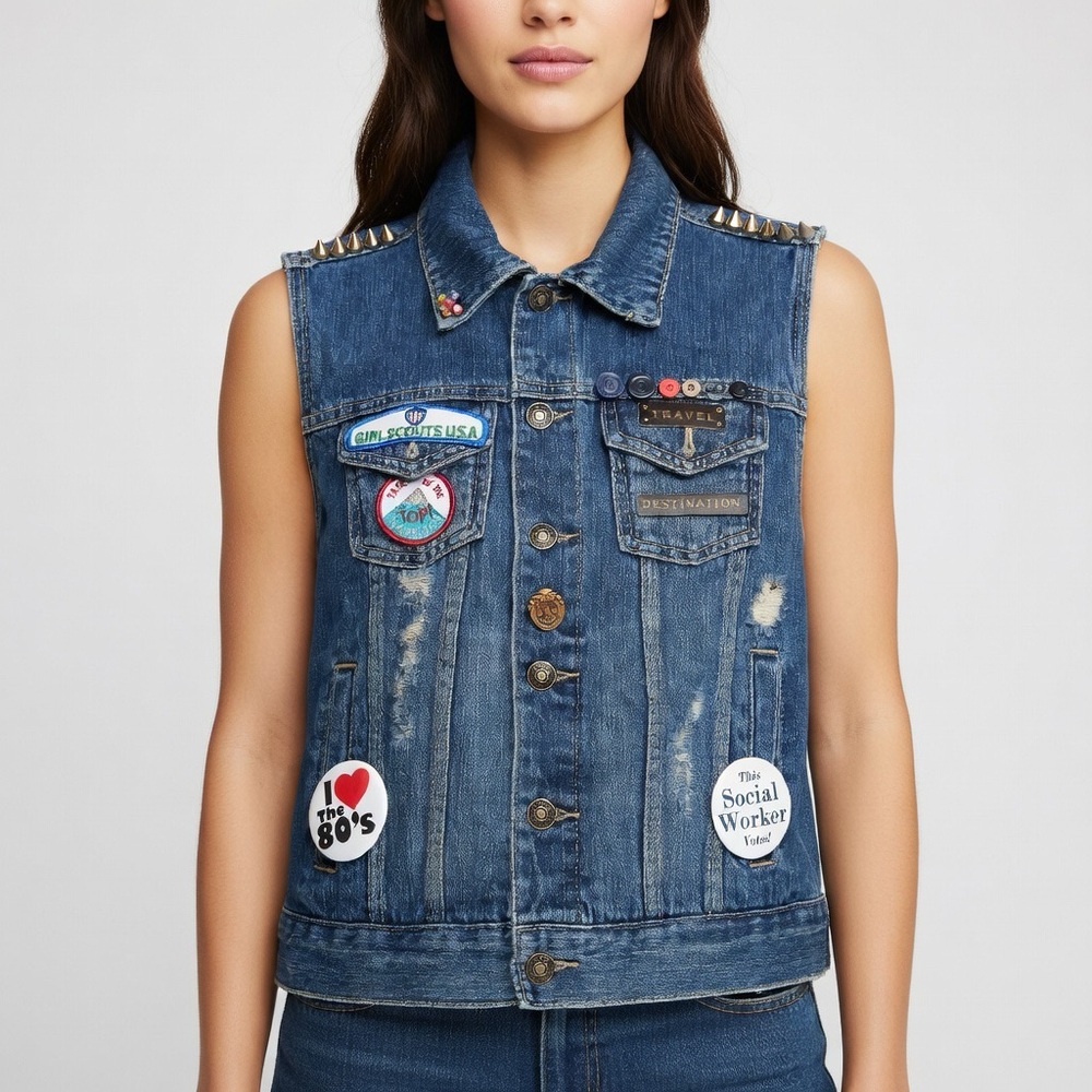 Forever 21 Custom Denim Vest Studded Spikes Patches 80s Vibes - Size Small